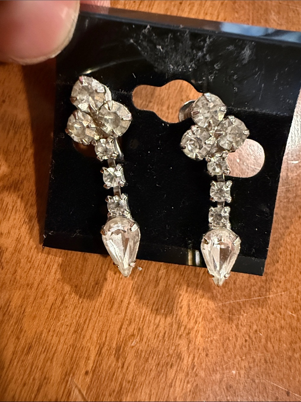 Vintage Crystal Drop Dangle Screw back Earrings - Clear Rhinestone Teardrops